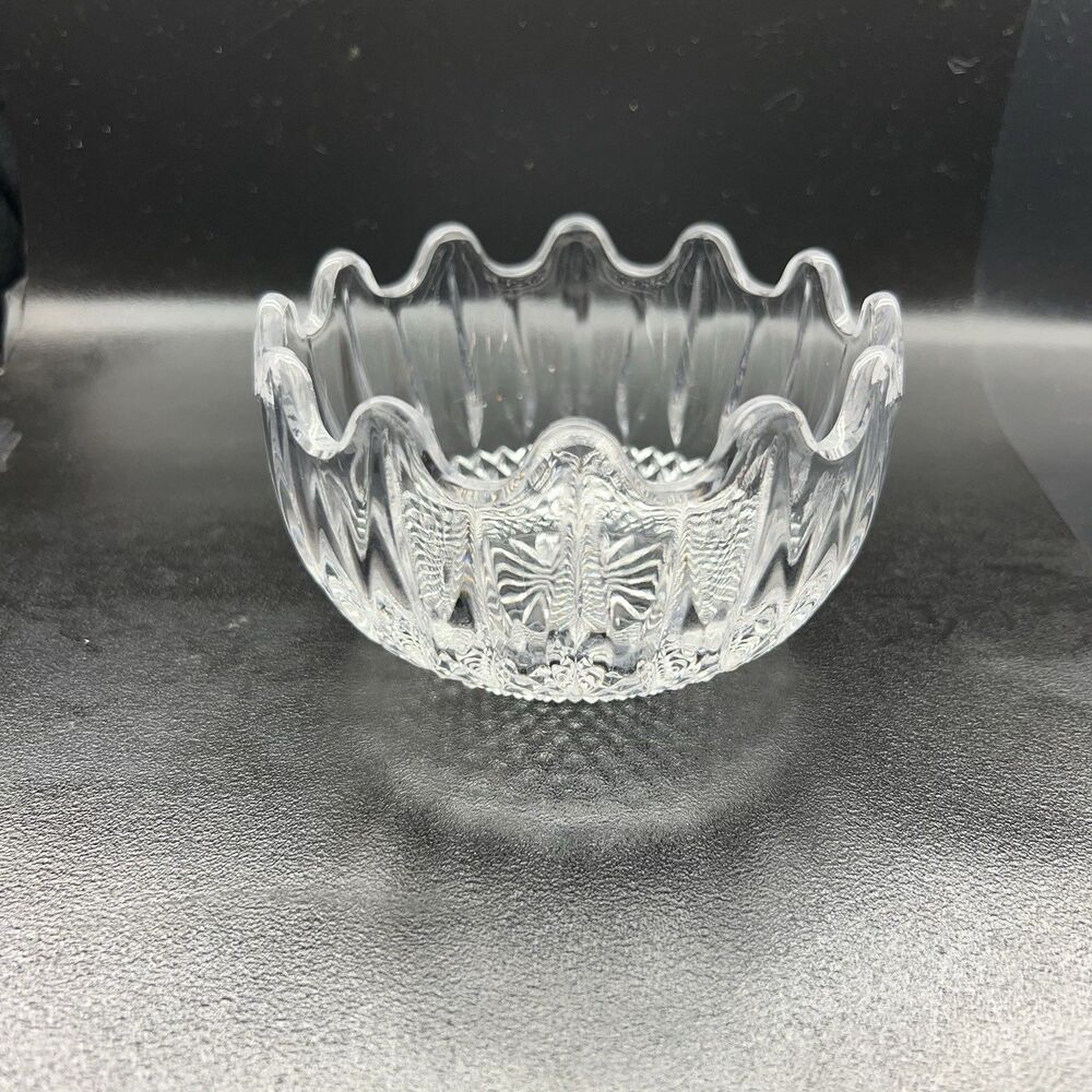 Vintage -Lead Crystal Clear Bowl ~ Crisscross Diamond Cut ~ Scalloped Edges 4.5”